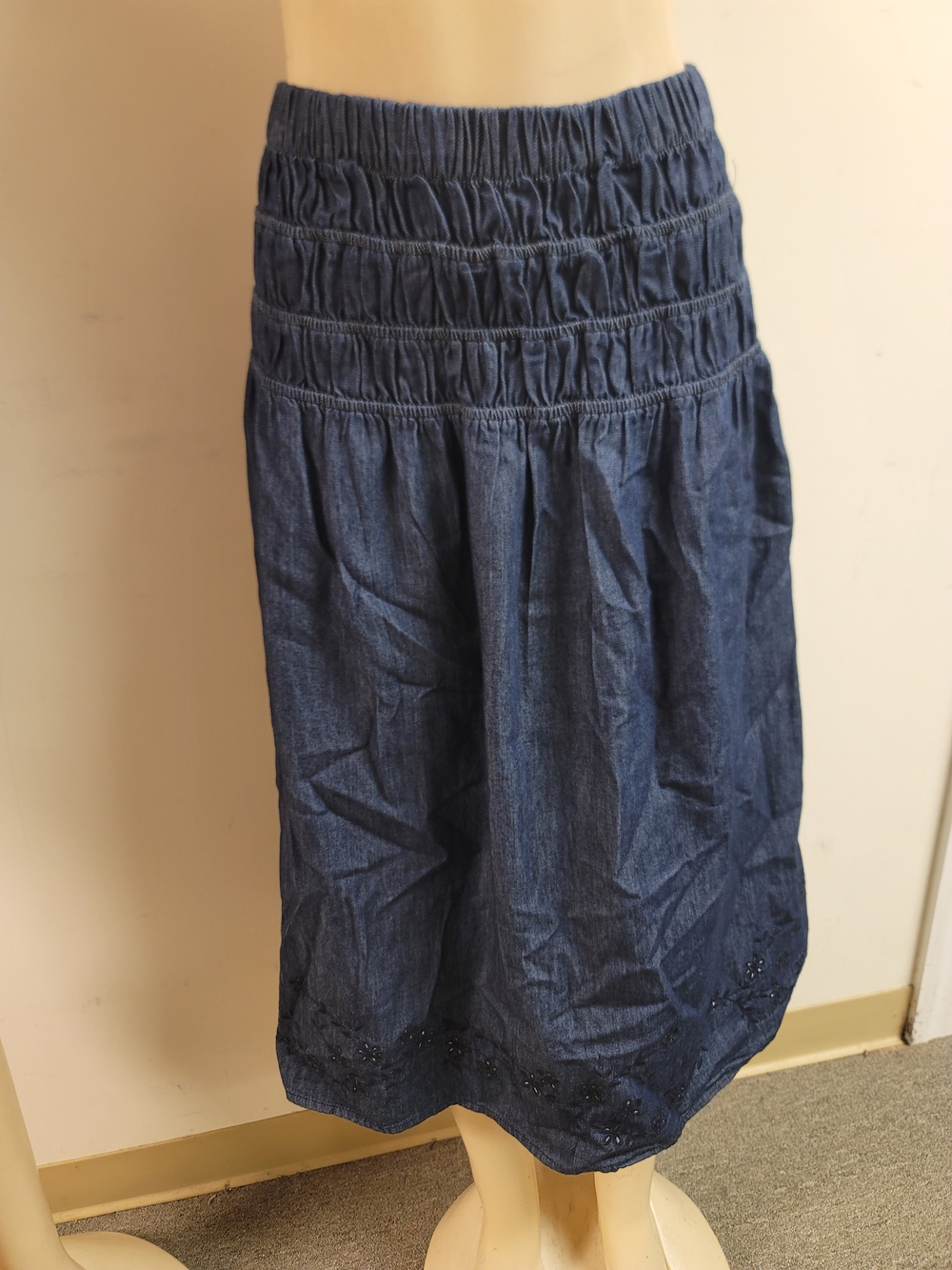 Smocked Waist Dark Blue Denim Midi Skirt